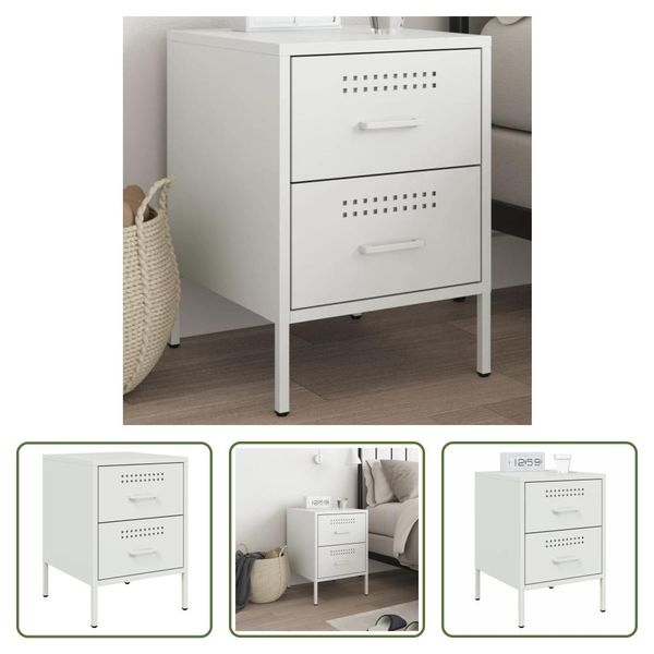 The Living Store Comodino Bianco 36X39X50,5 Cm In Acciaio-image