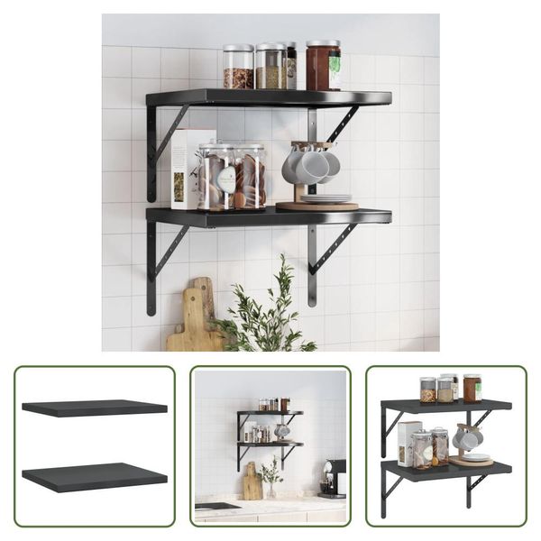 The Living Store Mensole A Muro 2 Pz. 50X40X3 Cm Nero Acciaio Inox-image