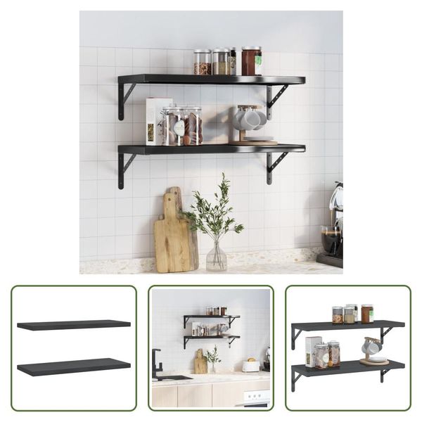 The Living Store Mensole A Muro 2 Pz. 75X30X3 Cm Nero Acciaio Inox-image