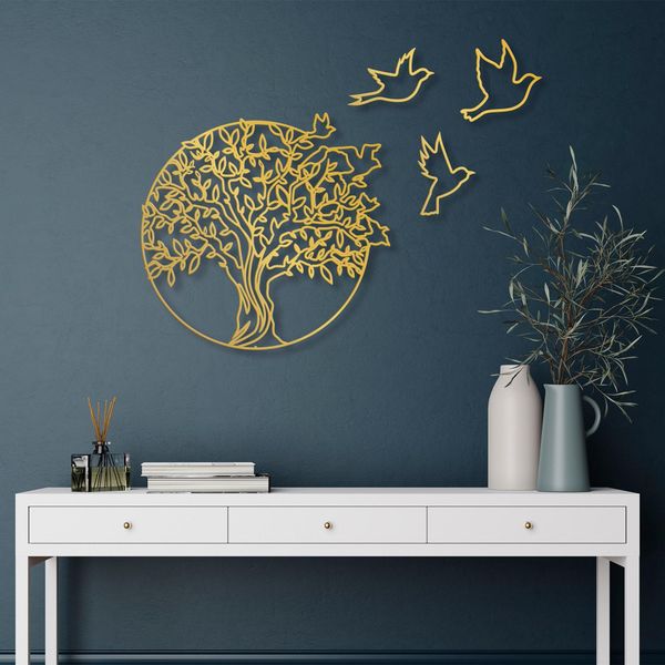 Wallity, Albero E Uccelli 4, Decorazione Murale, Oro, Metallo, 61 X 56 Cm-image