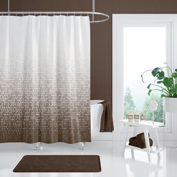 Tenda Doccia Tessile Matrix Bianco Marrone Marrone Chiaro 240X200 Cm, Incl. Anelli Per Tenda Doccia Incl. Pesi-image
