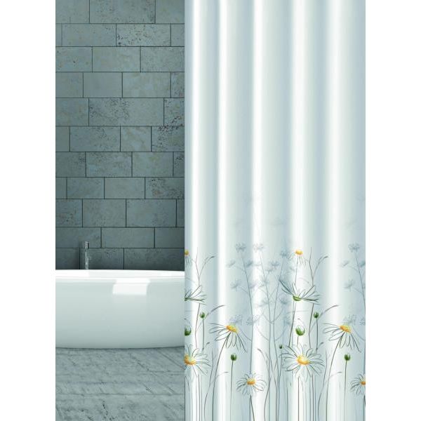 Tenda Da Doccia Tessile Bianco Giallo Camomilla Margherite 180X180 Cm Incl. Anelli Per Tenda Da Doccia Incl. Pesi-image