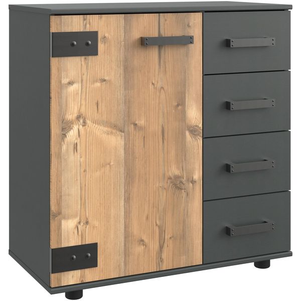 Kombikommode Wimex "Stockholm, Schrank Made In Germany", Grau (Graphit, Silber Fir Nachbildung), B:81Cm H:83Cm T:41Cm, Holzwerkstoff, Sideboards, Kombikommode, Rustikale Optik Industrial-Look, 1-TüRig Mit 4 Schubladen, 81/41/83 Cm-image