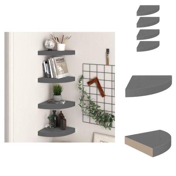Vidaxl Mensole Galleggianti Ad Angolo 4 Pz. Mdf Grigio Lucido 25X25X3,8 Cm - Mensole A Muro-image