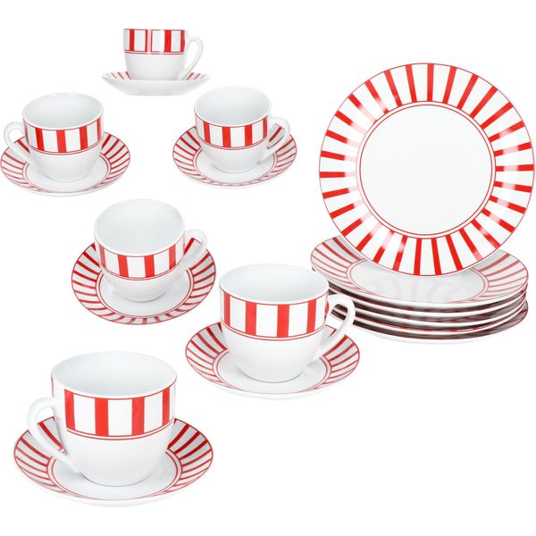 18Pc Servizio Caffè Split Rosso A Righe Porcellana 6 Pers. Tazza Piattino Piatto A Righe-image
