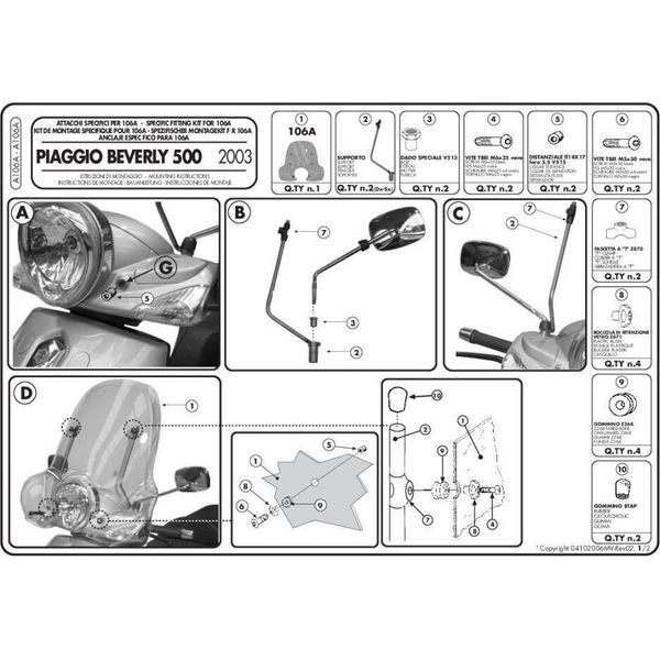 Givi 106A Piaggio Beverly Tourer 125/250/300/400&Beverly 500 Kit Di Montaggio Trasparente Taglia Unica-image