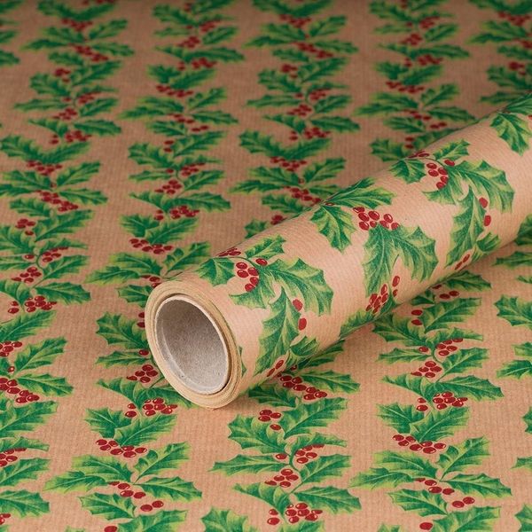Carta Da Regalo Per Natale, Agrifoglio, Rosso, Verde, 0,70 X 10 M - Carta Di Natale-image