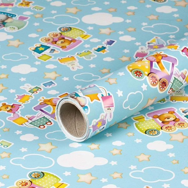 Carta Da Regalo Con Motivo Ferroviario, Azzurro, 0,70 X 10 M - Carta Da Regalo Per Compleanni Per Bambini-image