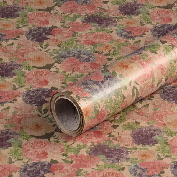 Carta Da Regalo Rosa E Fiori Viola, Carta Per Compleanni, Carta Kraft, 0,70 X 10 M-image
