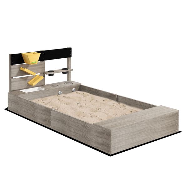 Outsunny Sabbiera Con Elementi Da Cucina, Sabbiera In Legno, 154 X 80 X 60 Cm Sabbiera Senza Pavimento Per Bambini Da 3 A 7 Anni, Giardino, Grigio-image
