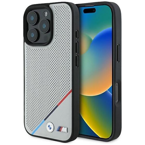 Bmw Bmhmp16L23Pupdg Iphone 16 Pro 6.3Szary/Grey Custodia Rigida M Linea Tricolore Perforata Magsafe-image