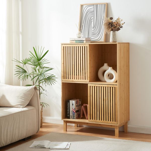 Libreria 'YpäJä' Con 2 Ante Scorrevoli E 4 Ripiani 120 X 84 X 39 Cm In Bambù-image