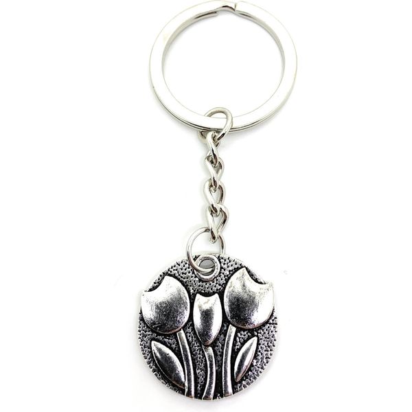 Onwomania Portachiavi Tulipano In Cerchio Fiore Argento Metallo Ciondolo Fascino-image