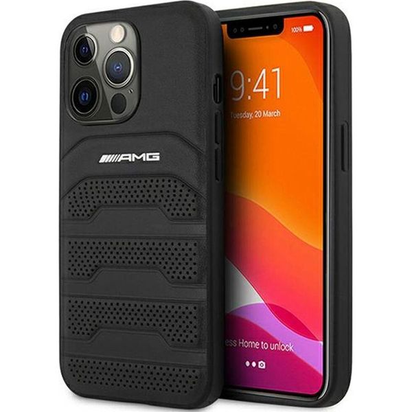 Amg Amhcp13Lgsebk Custodia Rigida Per Iphone 13 Pro / 136.1 Nero/Nero In Pelle Con Linee In Rilievo-image