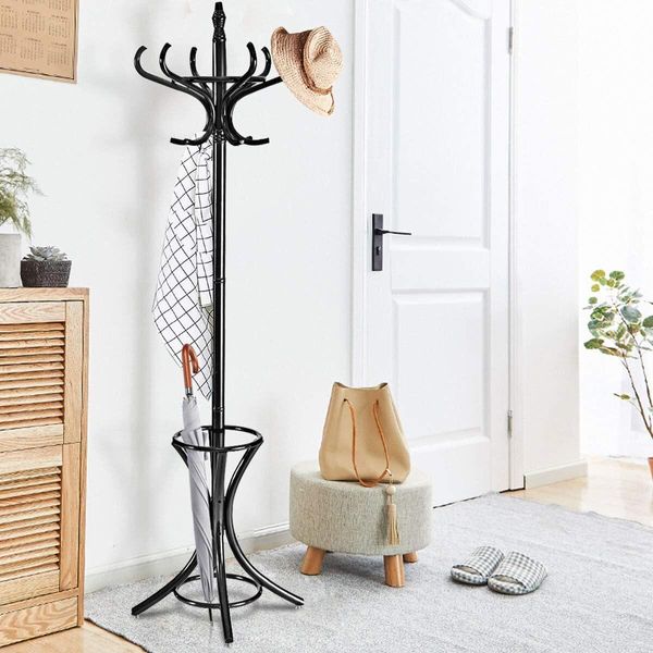 Costway Appendiabiti Da 184 Cm Con Portaombrelli E 12 Ganci Per Cappotti Appendiabiti In Legno Per Corridoio, Soggiorno E Camera Da Letto Nero-image