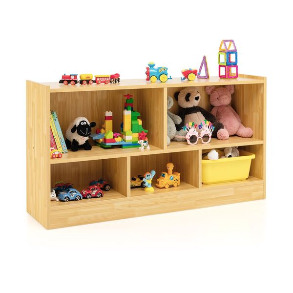 Costway Armadio Portagiochi In Legno Per Bambini, Scaffale Per Giocattoli Con 2 Scomparti Grandi E 3 Scomparti Piccoli, Aperto, Scaffale Per Bambini Per Giocattoli, Bambole E Libri, 111 X 30 X 61,5 Cm-image