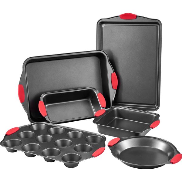 Set Da Forno Vevor, 6 Pezzi, Pentole Acciaio Al Carbonio Con Rivestimento Antiaderente, Piastre E Stampi Da Forno Con Manici In Silicone Per Biscotti, Muffin, Nero-image