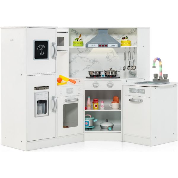 Costway Cucina Per Bambini In Legno, Cucina Da Gioco Con Luci E Suoni, Accessori Inclusi, Ideale Per Bambini A Partire Dai 3 Anni Bianco-image