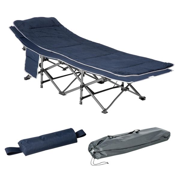 Outsunny Lettino Da Campeggio Pieghevole Lettino Da Campeggio Pieghevole Con Cuscino Materasso A Tasca Laterale Letto Per Ospiti Caricabile Fino A 150 Kg In Viaggio All'aperto Oxford Blu Scuro-image