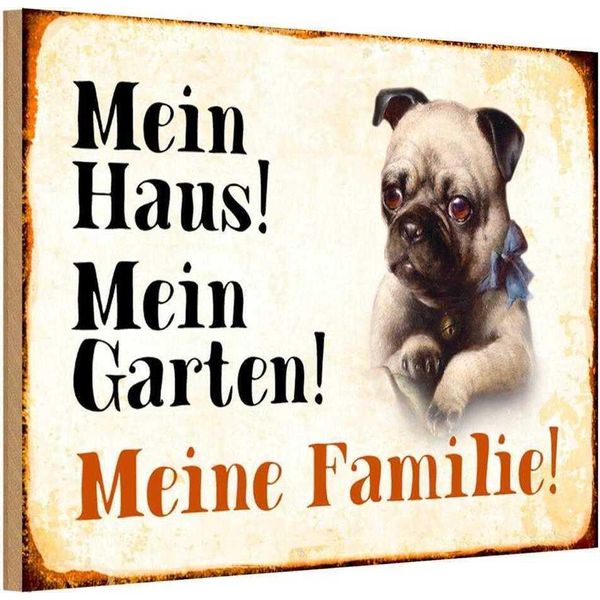 Vianmo Insegna In Legno 12X18 Cm Hund Mops Mein Haus Garten Familie-image