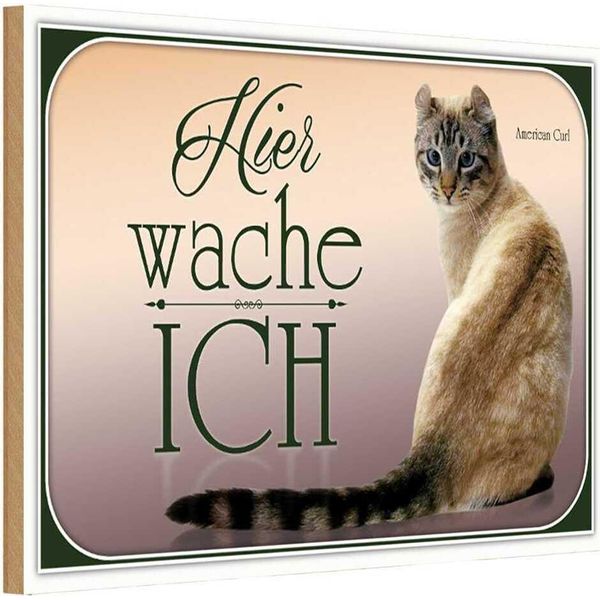 Vianmo Insegna In Legno 12X18 Cm Katze American Curl Hier Wache Ich-image