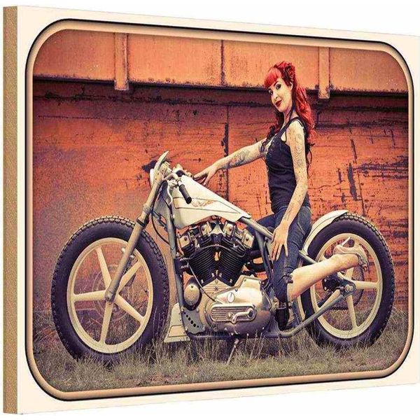 Vianmo Insegna In Legno 12X18 Cm Motorrad Biker Girl Frau Pin Up-image