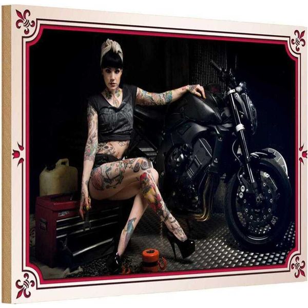 Vianmo Insegna In Legno 12X18 Cm Motorrad Bike Girl Pinup Frau Tattoo-image