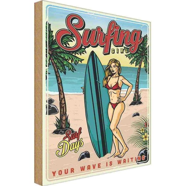 Vianmo Insegna In Legno 18X12 Cm Pin Up Surfing Girl Sommer Party-image