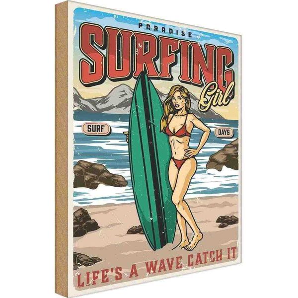 Vianmo Insegna In Legno 18X12 Cm Pinup Surfing Girl Paradise Sommer-image