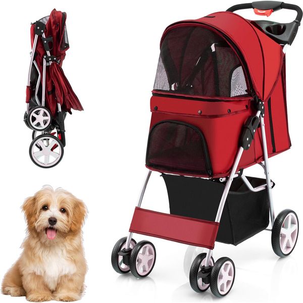 Costway Passeggino Per Cani Fino A 15 Kg, Passeggino Per Cani Con Finestre A Rete E Portabicchieri E Rimorchio, Passeggino Per Cani Piccoli E Gatti (Rosso)-image