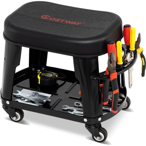 Sgabello Per Officina Costway, Sedia Per Officina Con Vassoio E Portautensili, Sgabello Con Rotelle Per Officina, Sedile Per Officina Con Rotelle Per Officina, Garage-image