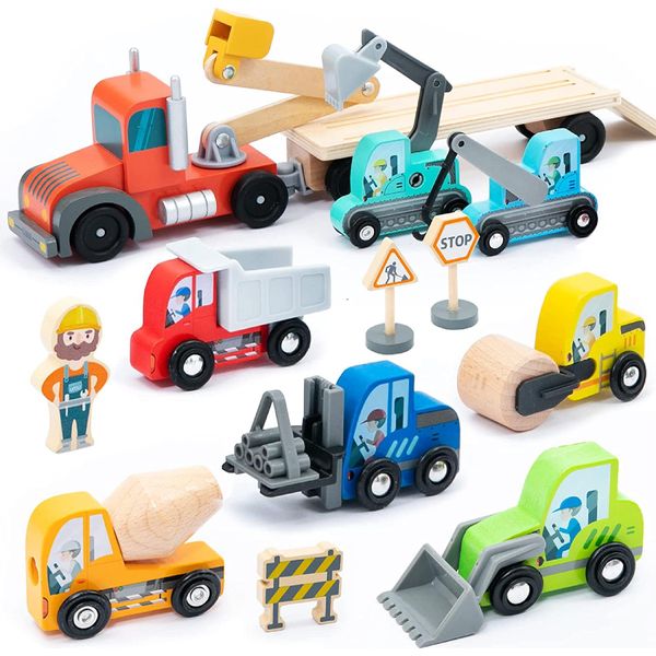 Umu® Set Di Veicoli Da Costruzione E Trasportatori In Legno Per Bambini 14 Pezzi - Macchinine In Legno Per Bambini Di 2, 3, 4, 5 Anni - Compatibile Con Brio World-image