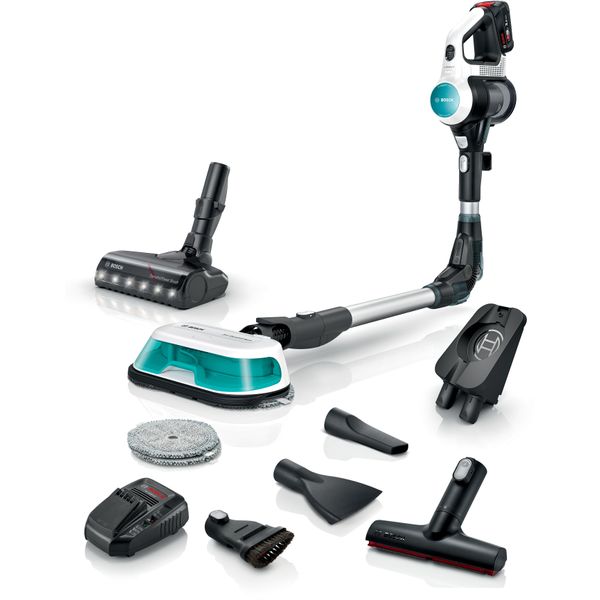 Bosch Akku-Stielstaubsauger "Unlimited 7 Prohygienic Aqua BKS71HYG1, 2In1 Saugen & Wischen", Weiß, B:25,2Cm H:131,5Cm T:20,4Cm, Akkusauger, Knickrohr, Hygiene-Filter, 10 J. Motorgarantie, SchnellladegeräT, Weiß-image
