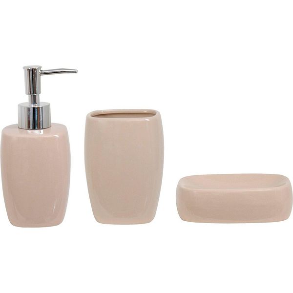Msv Accessori Bagno Classici In Ceramica 3 Pezzi - Dispenser Per Sapone, Portasapone, Portaspazzolino Beige-image