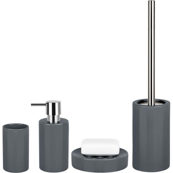 Set Da Bagno Spirella, Accessori Da Bagno In 4 Pezzi In Porcellana Con Dispenser Di Sapone A Tubo, Portasapone, Scopino E Bicchiere Per Spazzolino Da Denti Grigio-image