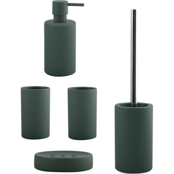 Set Da Bagno Spirella, Accessori Da Bagno In 5 Pezzi In Tubo Di Ceramica, Dispenser Di Sapone, Scopino, Portasapone E 2X Bicchiere Per Spazzolino Da Denti Verde Scuro Opaco-image