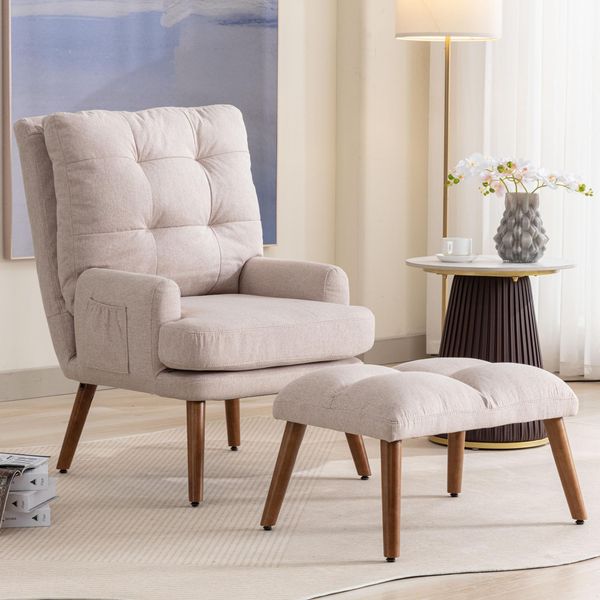Poltrona Imbottita Merax Con Schienale Regolabile, Poltrona Reclinabile Con Sgabello, Poltrona Reclinabile A 5 Livelli, Poltrona Poltrona In Lino, Beige-image