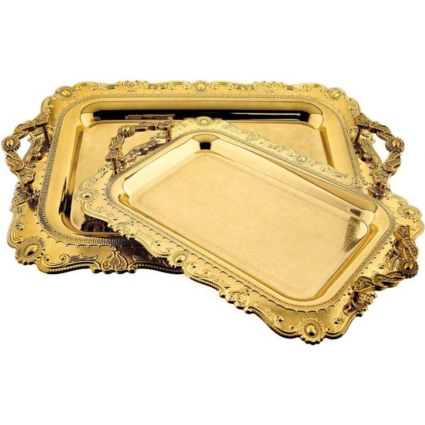 Set Di 2 Vassoi Da Portata In Acciaio Inossidabile 18/10 Di Alta Qualità - La Funzionalità Incontra L'eleganza Motif 6 Gold-image