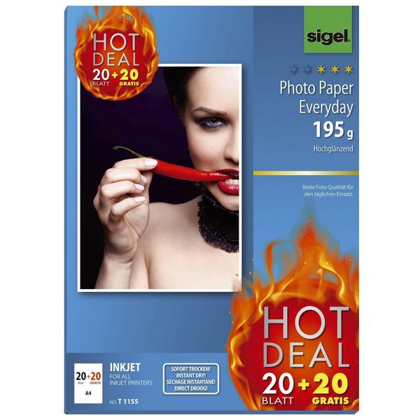 Sigel T1155 Carta Fotografica Inkjet-Everyday - A4, Lucida, 195 G/M², 20+20 Fogli-image