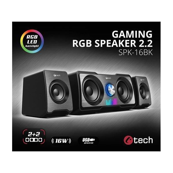 C-TECH Altoparlanti SPK-16, 2.2, 16W, Retroilluminazione Rgb, Jack Da 3,5 Mm, Alimentazione Usb, Nero-image