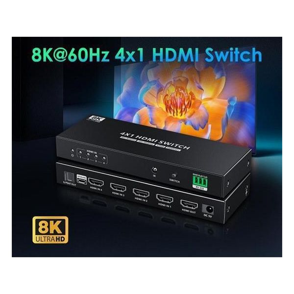 Premiumcord Switch Hdmi 4:1 Con Supporto Per 8K@60Hz, 4K@120Hz, 1080P, Hdr, Controllo A Pulsante E Telecomando-image