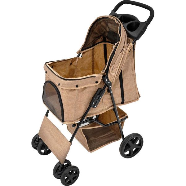 Passeggino Per Animali Domestici, Beige Intrecciato, Trasportino, Passeggino Da Viaggio Pieghevole, Parapioggia Per Cani-image
