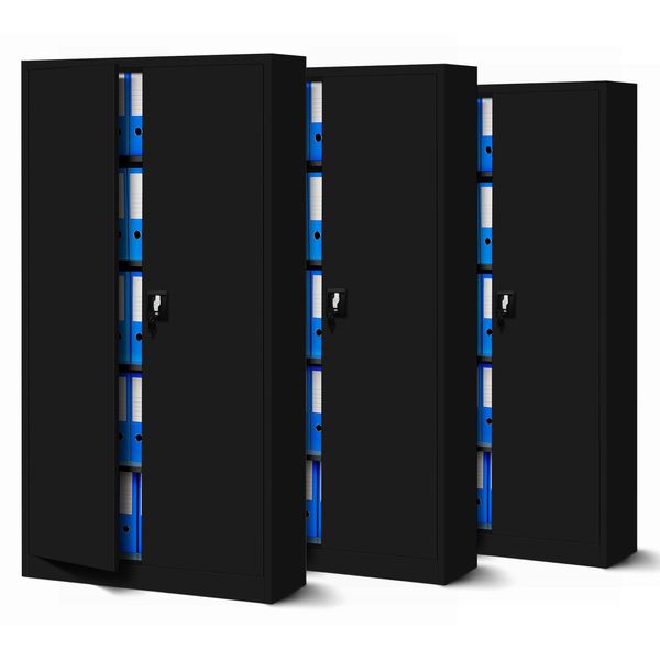 Set Di 3 Schedari C001 Armadio In Metallo Armadio In Acciaio Armadio Per Utensili Armadio Per Ufficio Armadio Per Archiviazione Armadio Universale Verniciatura A Polvere Porte A Battente 185 Cm X 90 Cm X 40 Cm Colore: Nero/Nero-image
