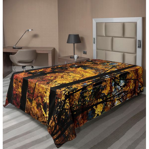 Abakuhaus Lenzuolo Con Motivo Alberi, Fogliame Autunnale Immagine Trainquil Forest Paesaggio Immagine, Morbido E Confortevole Lenzuolo Superiore Per Un Letto Decorativo 1 Pezzo 190 Cm X 100 Cm, Marrone Scuro Arancione Giallo-image