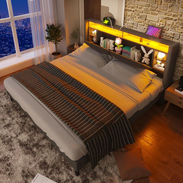 Letto Imbottito Flieks 160X200Cm Con Usb E Led, Letto Matrimoniale In Legno Massiccio Con Rete A Doghe E Testata Con Contenitore-image