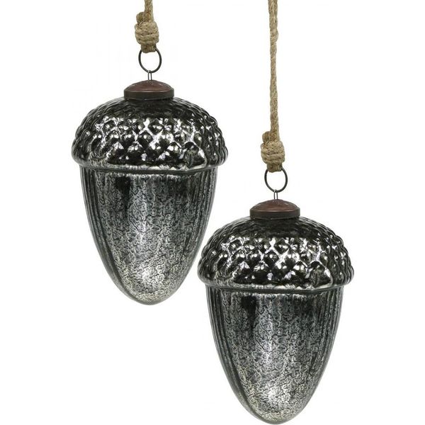 Decorazione Natalizia Vintage Ghianda In Vetro Ciondolo Argento Decorazione Natalizia Nostalgica Set Di 2 Ø10Cm H14Cm-image