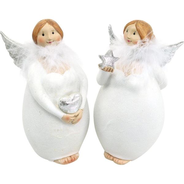 Set Di Angeli Decorativi In Argento Bianco Con Cuore E Stella, Decorazione Natalizia Festosa, Figura Di Angelo Custode, Idea Regalo 15 Cm 2 Pezzi-image