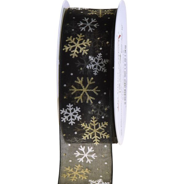 Nastro Natalizio Organza Fiocchi Di Neve Nero Oro 40Mm 15M - Nastro Decorativo Festivo Per L'avvento E Il Natale-image