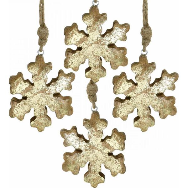 Fiocco Di Neve In Legno Di Mango Oro Naturale Ø10Cm Decorazione Natalizia 6 Pezzi-image