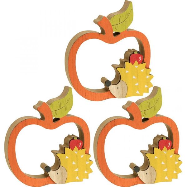 Statuetta Decorativa Autunnale In Legno Decorazione Mela Con Riccio 16,5×15 Cm Set Di 3-image